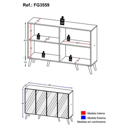 Imagem de Aparador Buffet Retrô com Espelho Multimóveis Veneza com 4 Portas FG3559 Branco/Natural