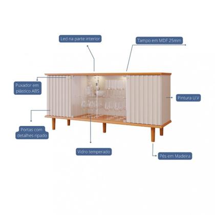 Imagem de Aparador Buffet Ripado 4 Porta com LED Vidro e Pés de Madeira 100 MDF Janice Cimol