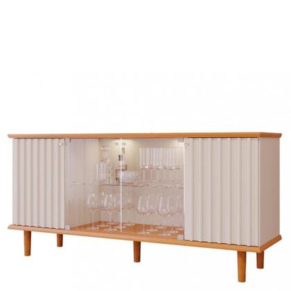 Imagem de Aparador Buffet Ripado 4 Porta com LED Vidro e Pés de Madeira 100 MDF Janice Cimol