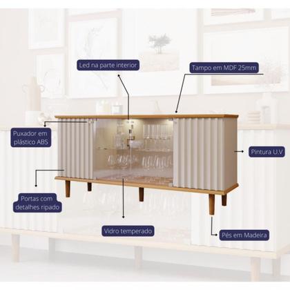 Imagem de Aparador Buffet Ripado 4 Porta com LED Vidro e Pés de Madeira 100 MDF Janice Cimol