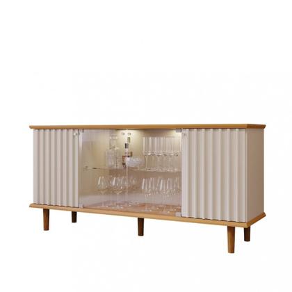 Imagem de Aparador Buffet Ripado 4 Porta com LED Vidro e Pés de Madeira 100 MDF Janice Cimol