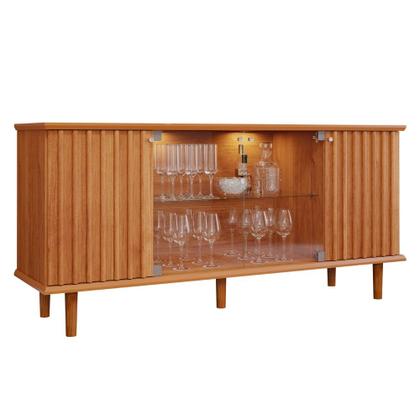 Imagem de Aparador Buffet Ripado 4 Porta com LED Vidro e Pés de Madeira 100 MDF Janice Cimol