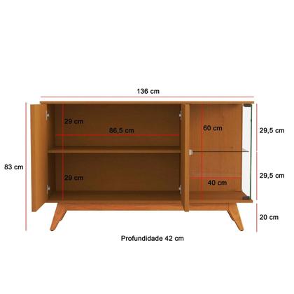Imagem de Aparador Buffet Ripado Sala Açaí 3 Portas com Pés de Madeira com Vidro Nature - Rede Móveis