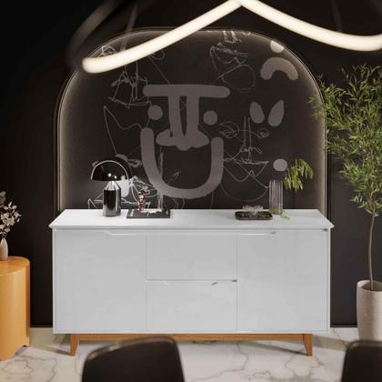 Imagem de Aparador Buffet Sala Flow 2 Portas 2 Gavetas com Pés de Madeira Branco - Rede Móveis