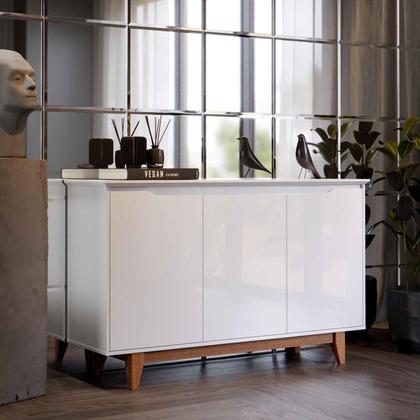 Imagem de Aparador Buffet Sala Flow 3 Portas com Pés de Madeira Branco - Rede Móveis