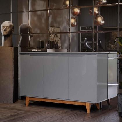 Imagem de Aparador Buffet Sala Flow 3 Portas com Pés de Madeira Cinza - Rede Móveis