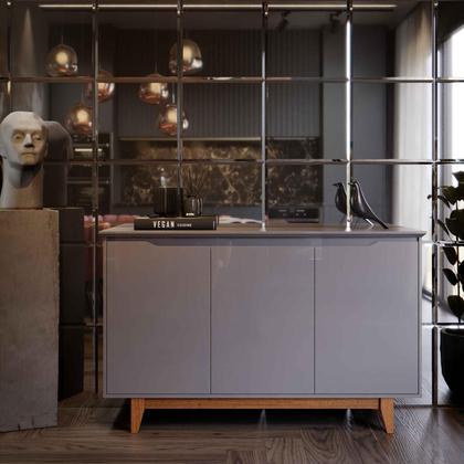 Imagem de Aparador Buffet Sala Flow 3 Portas com Pés de Madeira Cinza - Rede Móveis