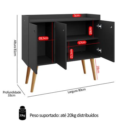Imagem de Aparador Buffet Wood Prime 3 Portas Cantinho Café Prateleira Organizadora Pés Palito Decoração Retrô - Preto - RPM Móveis