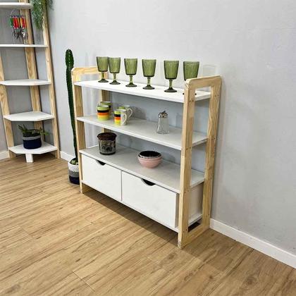 Imagem de Aparador de Madeira Pinus Linea de 4 Prateleiras Ample com 2 Gavetas Branco e Natural