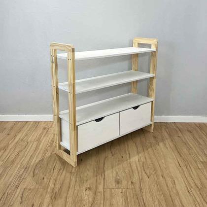 Imagem de Aparador de Madeira Pinus Linea de 4 Prateleiras Ample com 2 Gavetas Branco e Natural