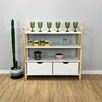 Imagem de Aparador de Madeira Pinus Linea de 4 Prateleiras Ample com 2 Gavetas Branco e Natural