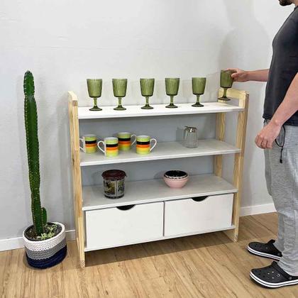 Imagem de Aparador de Madeira Pinus Linea de 4 Prateleiras Ample com 2 Gavetas Branco e Natural