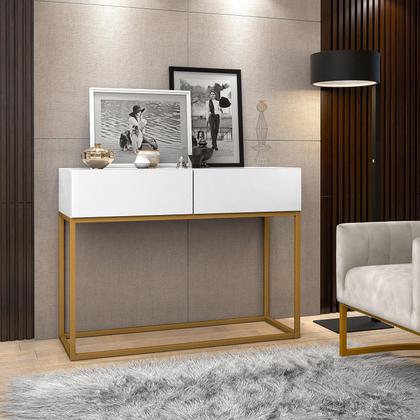 Imagem de Aparador Eros Branco 90cm Estilo Industrial 2 Gavetas Pés de Ferro Dourado