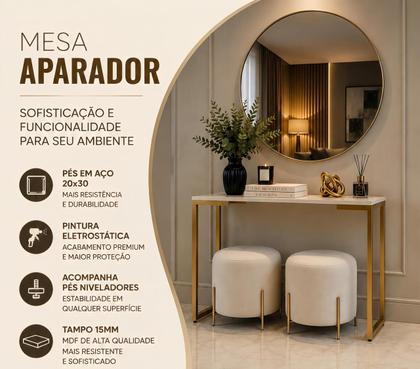 Imagem de Aparador Industrial Moderno Cantinho do Café Hall de Entrada Sala de Estar Pés Aço Dourado Tampo MDF