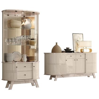 Imagem de Aparador para Sala Buffet Ambiente Mônaco e Cristaleira Moss Calacata Off White  Madetec