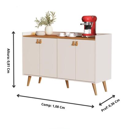 Imagem de Aparador Sala De Estar Pés Palito Retrô Luana 4 Portas Armário Cozinha Prateleira Interna GB Plus