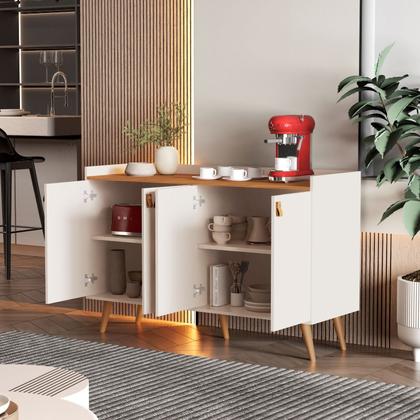 Imagem de Aparador Sala De Estar Pés Palito Retrô Luana 4 Portas Armário Cozinha Prateleira Interna GB Plus