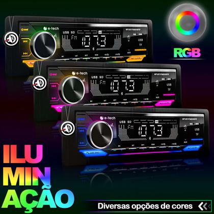 Imagem de Aparelho Auto Radio Automotivo 1 Din Som pra carro Mp3 Player E-tech Premium Plus Com Rgb Bluetooth Usb Sd Carrega celular Saida Subwoofer + Controle