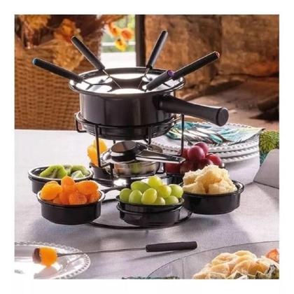 Imagem de Aparelho De Fondue Esmaltado Viena Carroussel Potes Giratorio 16 Peças Serviço Conjunto Kit Base Giratória Carrossel Carne Queijo Chocolate Alto Padrão Qualidade Forma Inox