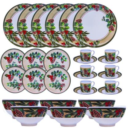 Imagem de Aparelho de Jantar e Café Com 30 Peças Estampa Natalina Pinhas Berries Melamina