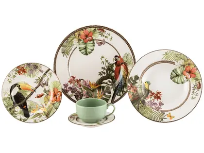 Imagem de Aparelho de Jantar e Chá 20 Peças Alleanza Cerâmica Branco e Verde Trópicos