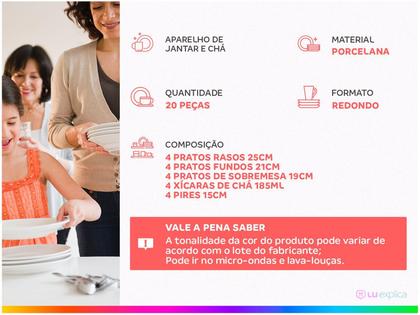 Imagem de Aparelho de Jantar e Chá 20 Peças Tramontina de Porcelana Branco Redondo Silvia
