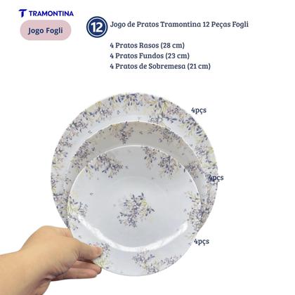 Imagem de Aparelho De Jantar Jogo Pratos Kit 12 Peças Fogli Porcelana Florido Tramontina