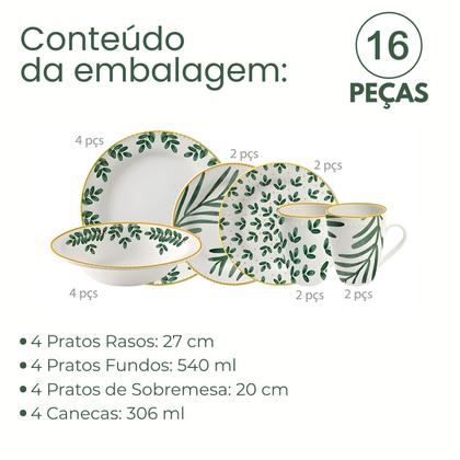 Imagem de Aparelho De Jantar Jogo Pratos Kit 16 Peças Salvia Cerâmica Folhagem Completo