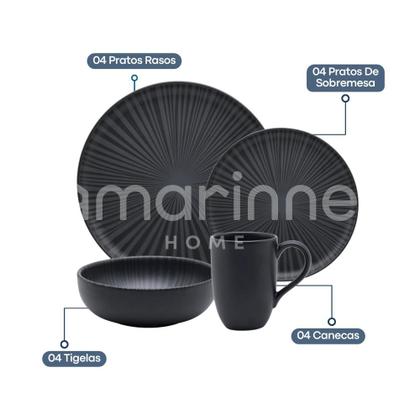 Imagem de Aparelho De Jantar Lanche Completo 16 Peças Oxford Flat Onix Preto