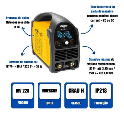 Imagem de Aparelho De Solda Inversor Digital Riv 228 Bivolt Vonder Para Solda Com Eletrodo E Tig 200a Display Led Monofásico Seleção Automática