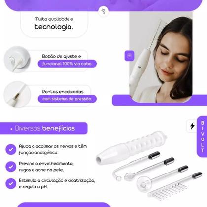 Imagem de Aparelho Estético de Alta Frequência Bivolt para Tratamentos Faciais e Capilares com 4 Eletrodos
