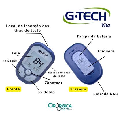 Imagem de Aparelho Medidor de Glicose G Tech Vita 110 Tiras de Glicemia Caneta Lancetadora 10 Lancetas Glicose 02 baterias de lítio de 3V