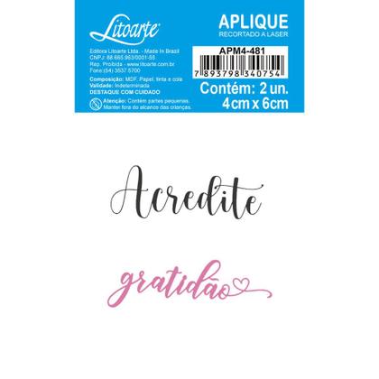 Imagem de Aplique Decoupage Acredite e Gratidão Apm4-481 em Papel e Mdf 4cm Litoarte