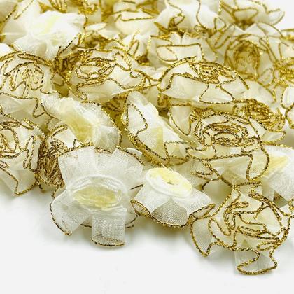 Imagem de Aplique Patch Tecido Flor Branco com Dourado 25mm 30pçs 15g