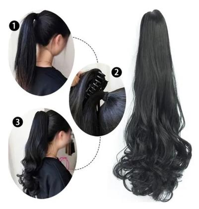Imagem de Aplique Rabo De Cavalo Preto Ondulado Fibra Orgânica 60cm - Weng