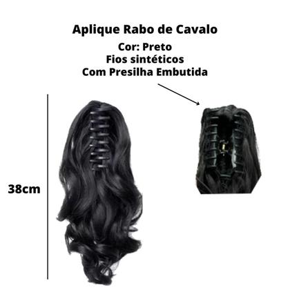 Imagem de Aplique Rabo de Cavalo Sintético com Presilha Preto 38cm