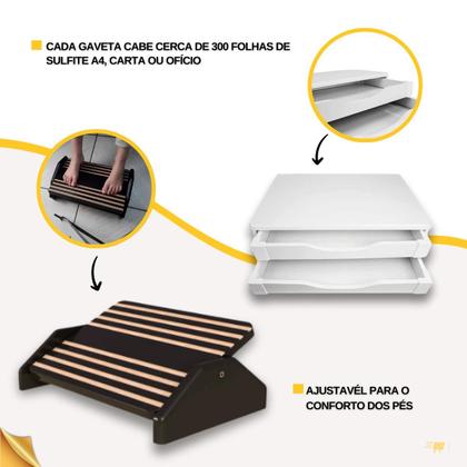 Imagem de Apoio Para Os Pés Black Piano Ergonômico + Suporte Para Monitor 2 Gavetas Branco
