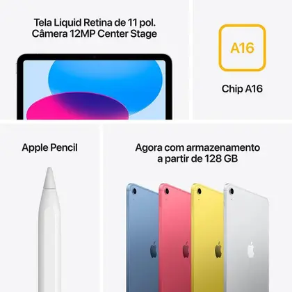 Apple iPad 11ª geração, chip A16, Wi-Fi + Cellular, 128GB - Prata
