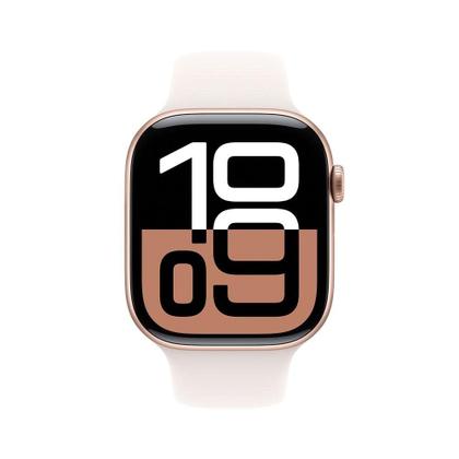 Imagem de Apple Watch Series 10 GPS, Caixa Cor de Ouro Rosa de Alumínio de 46 mm, Pulseira Esportiva Blush-Clara, Tamanho P/M - MWWT3AM/A
