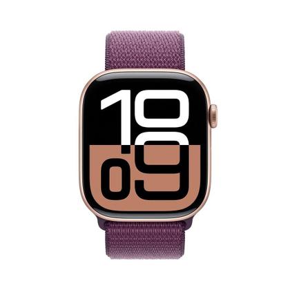 Imagem de Apple Watch Series 10 GPS, Caixa Cor de Ouro Rosa de Alumínio de 46 mm, Pulseira Loop Esportiva Ameixa - MWWV3AM/A