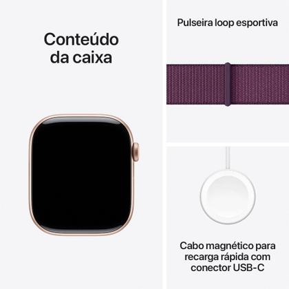 Imagem de Apple Watch Series 10 GPS, Caixa Cor de Ouro Rosa de Alumínio de 46 mm, Pulseira Loop Esportiva Ameixa - MWWV3AM/A