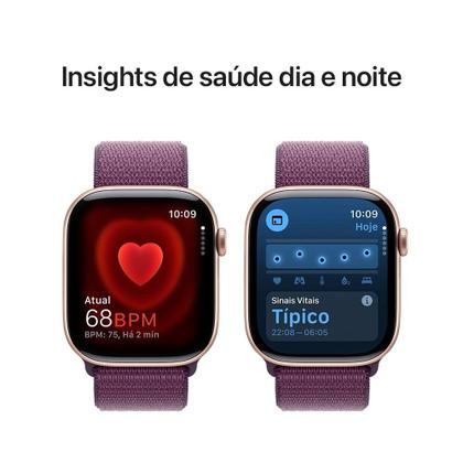 Imagem de Apple Watch Series 10 GPS, Caixa Cor de Ouro Rosa de Alumínio de 46 mm, Pulseira Loop Esportiva Ameixa - MWWV3AM/A