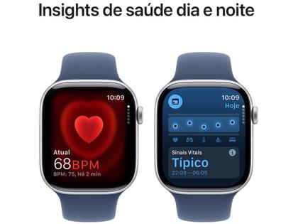 Imagem de Apple Watch Series 10 GPS Caixa Prateada de Alumínio 46mm Pulseira Loop Esportiva Nuvem Azul