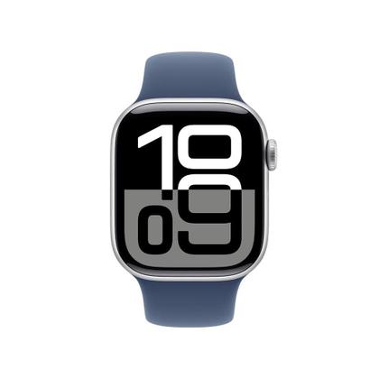 Imagem de Apple Watch Series 10 GPS, Caixa Prateada de Alumínio de 42 mm, Pulseira Esportiva Denim, Tamanho P/M - MWWA3AM/A