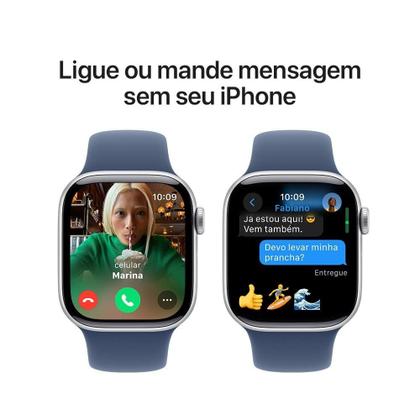 Imagem de Apple Watch Series 10 GPS, Caixa Prateada de Alumínio de 42 mm, Pulseira Esportiva Denim, Tamanho P/M - MWWA3AM/A