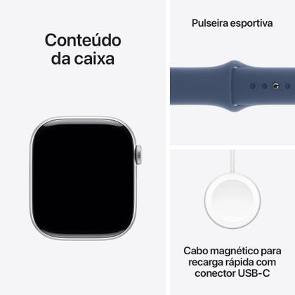 Imagem de Apple Watch Series 10 GPS, Caixa Prateada de Alumínio de 46 mm, Pulseira Esportiva Denim, Tamanho M/G - MWWM3AM/A