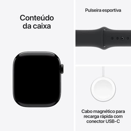 Imagem de Apple Watch Series 10 GPS, Caixa Preta Brilhante de Alumínio de 42 mm, Pulseira Esportiva Preta, Tamanho P/M - MWWE3AM/A