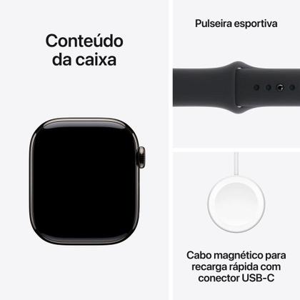 Imagem de Apple Watch Series 10 GPS + Cellular, Caixa Ardósia de Titânio de 42 mm, Pulseira Esportiva Preta, Tamanho P/M - MWXG3AM/A