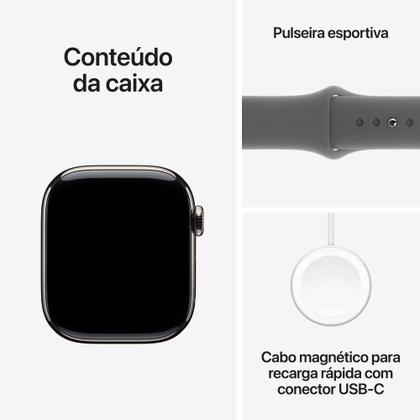 Imagem de Apple Watch Series 10 GPS + Cellular, Caixa Natural de Titânio de 42 mm, Pulseira Esportiva Cinza-Pedra, Tamanho P/M - MWXD3AM/A