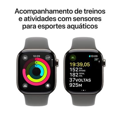 Imagem de Apple Watch Series 10 GPS + Cellular, Caixa Natural de Titânio de 42 mm, Pulseira Esportiva Cinza-Pedra, Tamanho P/M - MWXD3AM/A